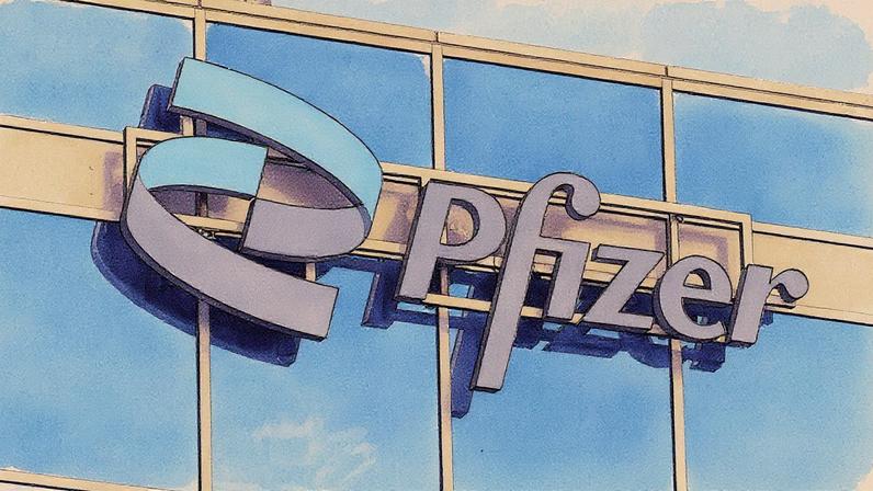 Logotipo da Pfizer na fachada de vidro de um edifício comercial com reflexos do céu, no sul de São Francisco, na Califórnia