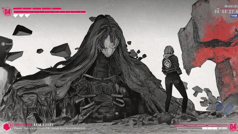 A looming, ghoulish monster stares at our character.