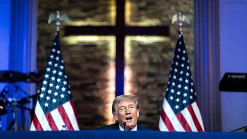 U.S. President Donald Trump speaks during a community roundtable at 180 Church in Detroit, Michigan.