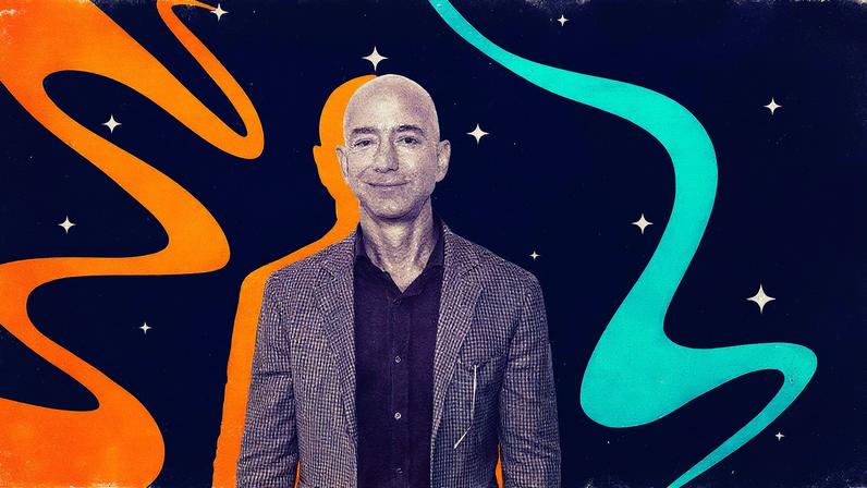 Jeff Bezos is surrounded by abstract squiggles, on a background of stars. His biceps are demurely squirreled inside a suit.