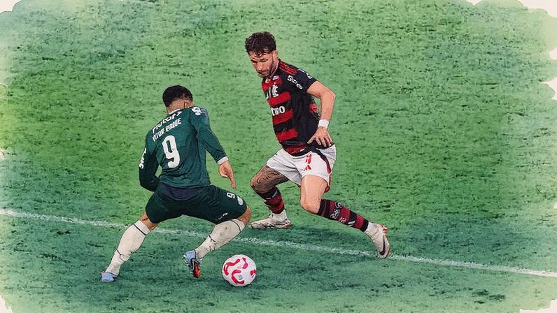 Vitor Roque tenta drible em Léo Pereira durante jogo entre Flamengo e Palmeiras no Brasileirão (Foto: Alexandre Brum / Agencia Enquadrar)