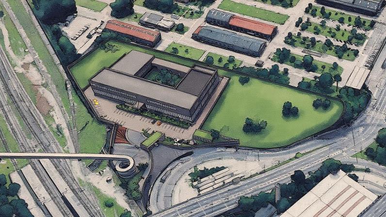 Renderização gráfica do Centro de Inovação de Santo André: ocupará área de 22 mil m² próxima ao eixo ferroviário e viário do município e será a estrutura central do parque tecnológico
