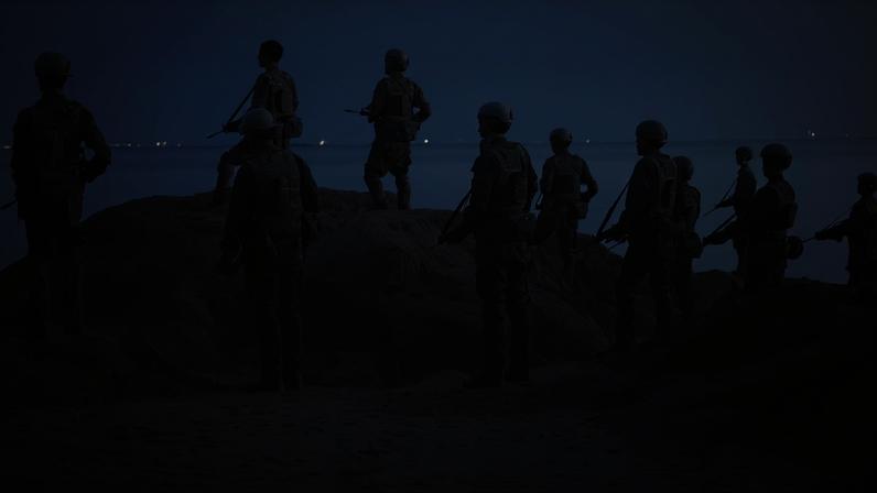 A group of troops holding guns stand at attention on a rocky shore, facing out at the sea at dusk.
