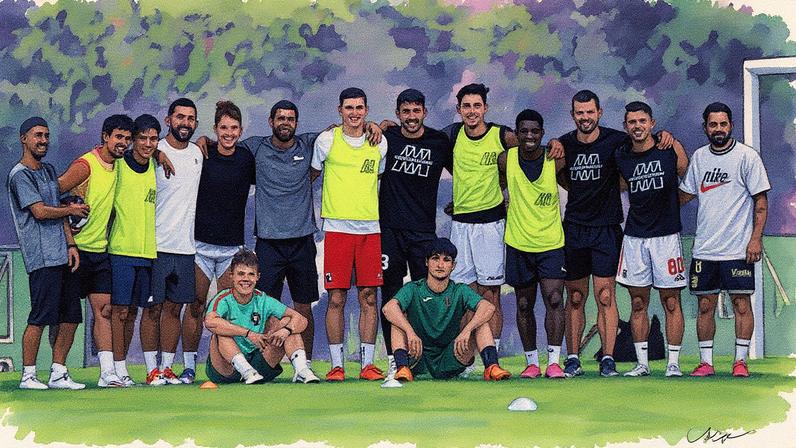 Cláudio Borges rodeado de alguns dos jogadores com quem trabalha, entre os quais Rui Silva, guarda-redes do Sporting - Foto: D. R.