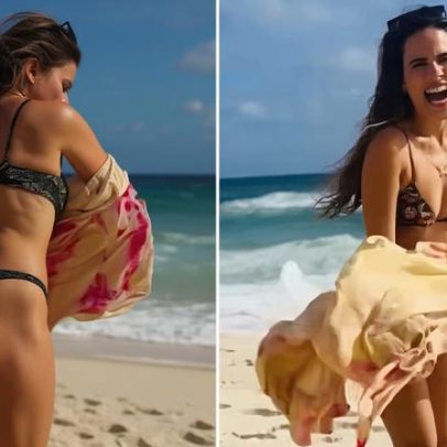 Wanessa Camargo enfrenta ventania durante passeio na praia