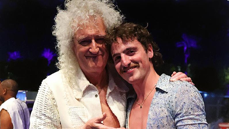 Brian May and Benson Boone pose backstage during the 2025 Coachella Valley Music and Arts Festival on April 11, 2025