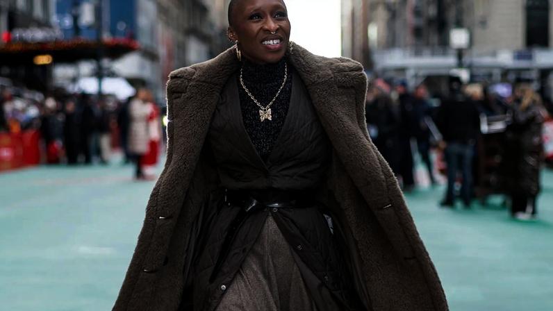 Cynthia Erivo walking in Herald Square on November 27, 2025 in New York City.