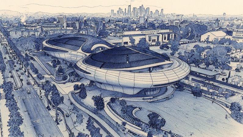 Aerial view of Lucas Museum construction in September 2025 © 2025 Lucas Museum of Narrative Art. Photo courtesy of Hathaway Dinwiddie. Photo by Pedro Ramirez. All rights reserved