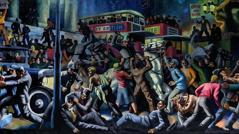 Cliff Rowe painted The Struggle between the Unemployed and the Police Forces (1932–33) while living in the Soviet Union © Anna Sandra Thornberry