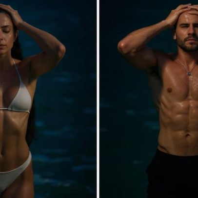Jade Picon e André Lamoglia se refrescam no mar após treino de futevôlei