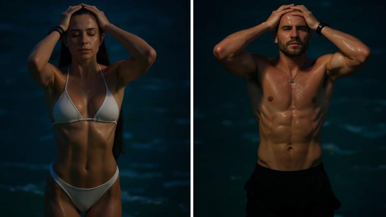 Jade Picon e André Lamoglia se refrescam no mar após treino de futevôlei — Foto: Fabrício Pioyani/AgNews