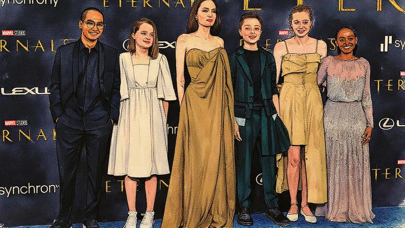 Angelina Jolie com Pax, Vivienne, Knox, Shiloh e Zahara — Foto: Getty Images