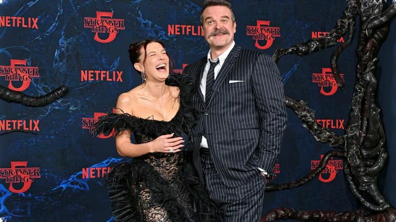Millie Bobby Brown gushed over David Harbour at Thursday’s “Stranger Things” Season 5 premiere. FilmMagic