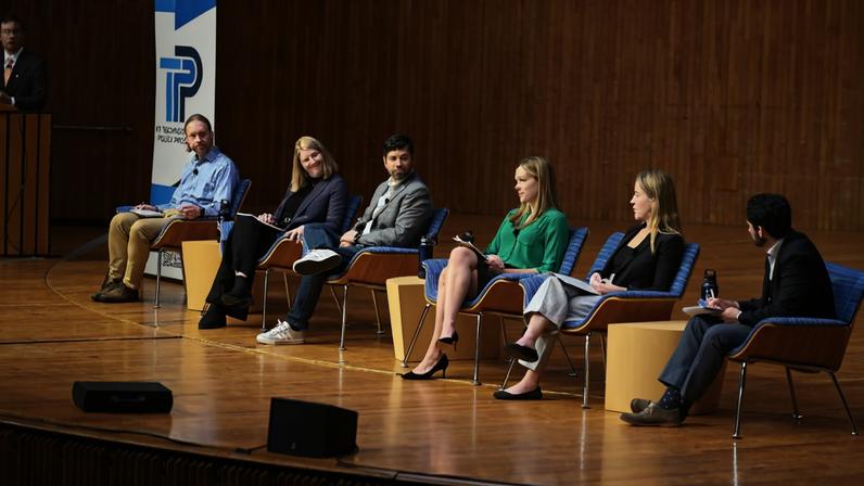 TPP 50 opened with a dynamic panel examining the technical frontiers and possibilities of interactive energy systems modeling. On stage were (left to right) Daniel Xue, Travis Franck, Tory Clark, Nestor Sepulveda, Erin Smith, Bethany Patten, and Graham Turk.