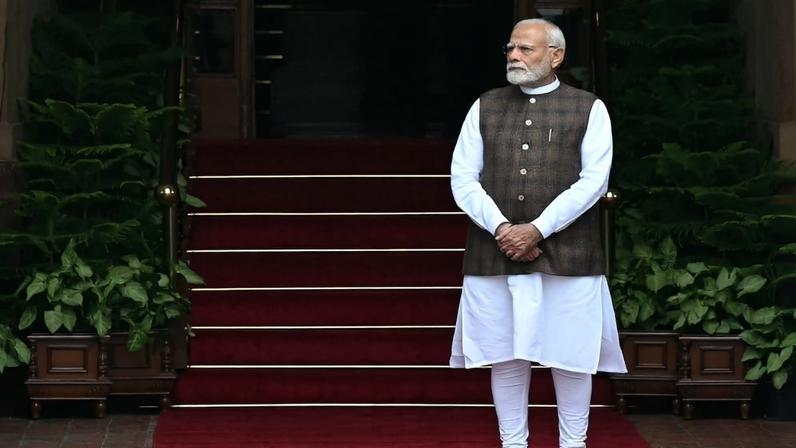 India’s Prime Minister Narendra Modi waits Abu Dhabi's Crown Prince Sheikh Khaled bin Mohamed bin Zayed Al Nahyan at the Hyderabad House in New Delhi, India, on Sept. 9.