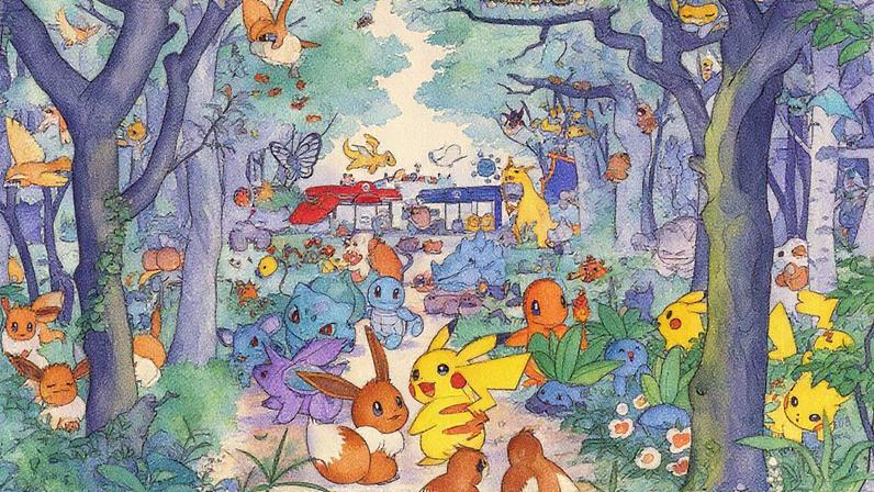Lots of cartoon Pokémon in a cartoon forest.