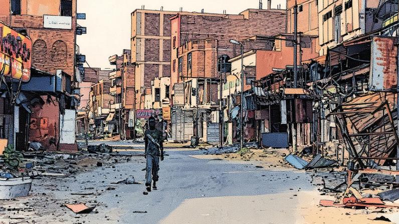 Um membro das Forças Armadas Sudanesas caminha entre edifícios danificados, em Omdurman - Foto: Reprodução