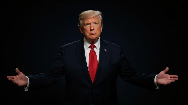 U.S. President Donald Trump stands in front of a sponsor backdrop wall as he poses for a photo with his arms outstretched, palms facing the sky. Trump is smiling slightly and wears a black business suit with a red tie.