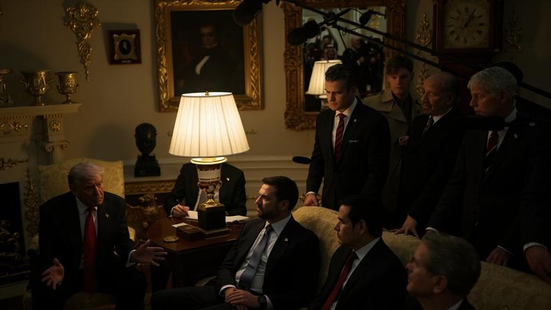 U.S. President Donald Trump with U.S. Vice President J.D. Vance, U.S. Secretary of Defense Pete Hegseth, U.S. Secretary of State Marco Rubio, U.S. Secretary of Commerce Howard Lutnick and U.S. Secretary of Treasury Scott Bassent while meeting with Saudi Crown Prince Mohammed bin Salman in the Oval Office of the White House in Washington on Nov. 18.