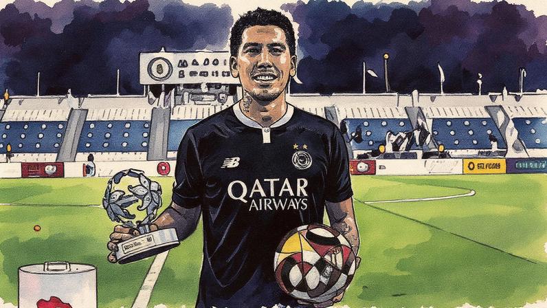 1 de 1 Roberto Firmino com a bola do jogo e o troféu de melhor em campo após hat-trick em goleada do Al Sadd — Foto: Twitter/Al Sadd