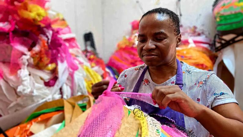 The artist’s work is comprised of suspended sculptures bound with rope and tape along with swirling vortex drawings Courtesy of Nnena Kalu and Action Space