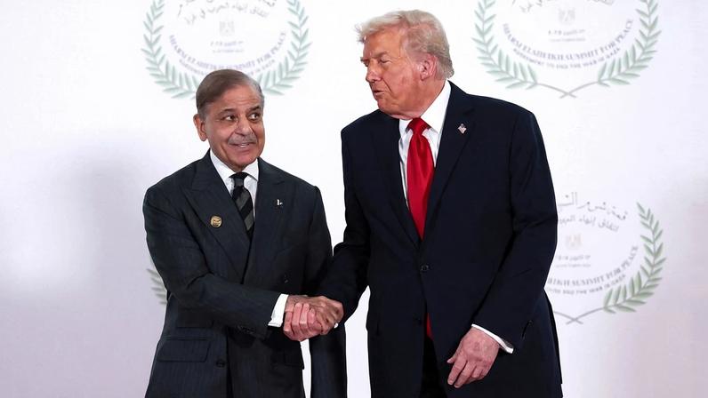 Pakistani Prime Minister Shehbaz Sharif and U.S. President Donald Trump shake hands during a world leaders’ summit in Sharm El-Sheikh, Egypt.