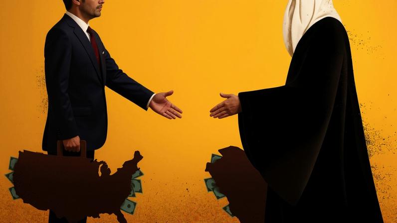 An illustration shows two men against a bright yellow background. One man wears a Western-style business suit and the other wears a black robe and white head covering. The men are shaking hands. Each holds a briefcase with money spilling out, the left man's briefcase shaped like the United States' and the right man's like the Arabian Peninsula.