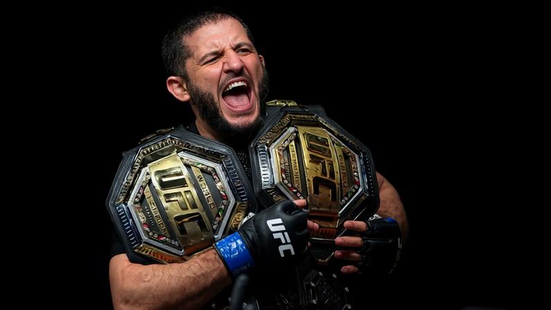 Islam Makhachev of Russia reacts to his win over Jack Della Maddalena of Australia in the UFC welterweight championship fight during the UFC 322 event at Madison Square Garden on November 15, 2025 in New York City. (Photo by Cooper Neill/Zuffa LLC)