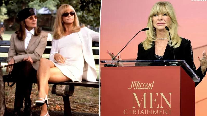 Goldie Hawn shed tears as she honored the late Diane Keaton onstage at the Women in Entertainment Gala on Wednesday. The Hollywood Reporter via Getty Images