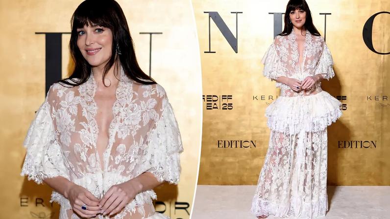 Dakota Johnson stunned in a Chloé sheer white lace gown as she attended the Red Sea International Film Festival on Friday. Getty Images