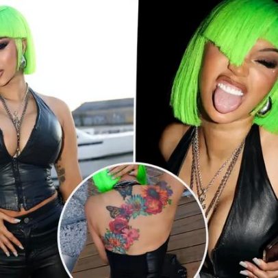 Cardi B exibe piercings dermais no pescoço e costas em visual de couro