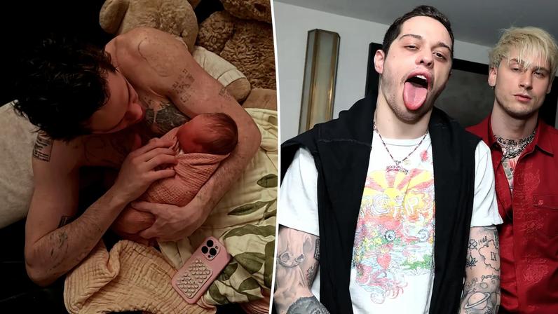 Pete Davidson with his shirt off and arms outstretched in a residential area.
