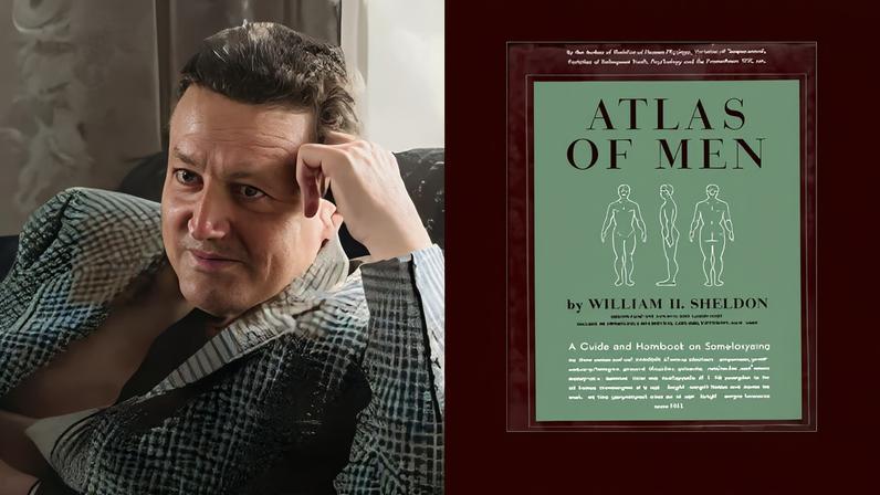 Fotografia do William H. Sheldon ao lado do seu livro "Atlas of Men: A guide for somatotyping the adult male at all ages".