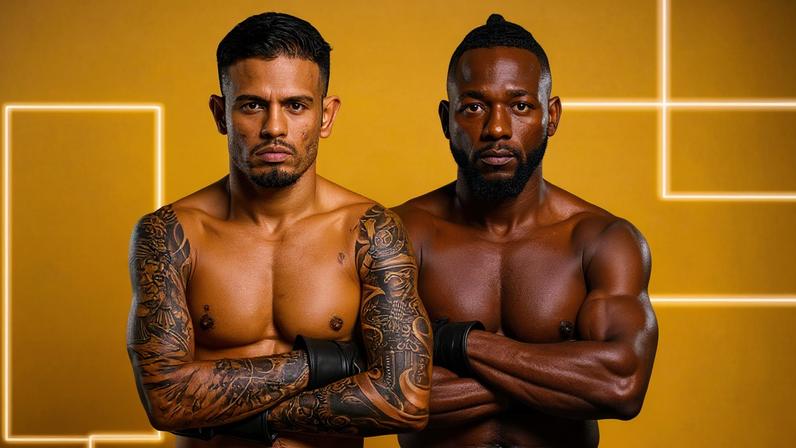 UFC flyweights Brandon Royval and Manel Kape stand side-by-side over a yellow and orange background