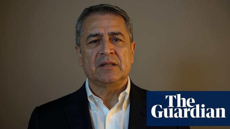Former Honduran president Juan Orlando Hernández delivers a speech in an unknown location after Trump pardoned him from a 45-year sentence on drug trafficking and weapons charges, on 5 December.