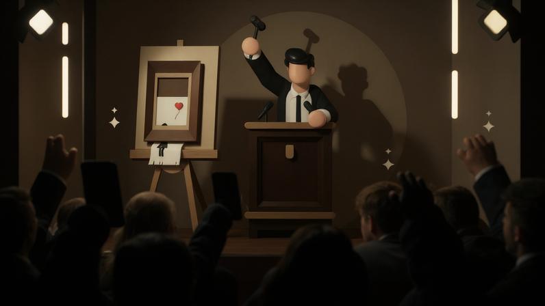 Ilustração de leilão de arte com um homem segurando o martelo atrás de um suporte especial próximo à obra, e pessoas com as mãos levantadas dando lances à sua frente.
