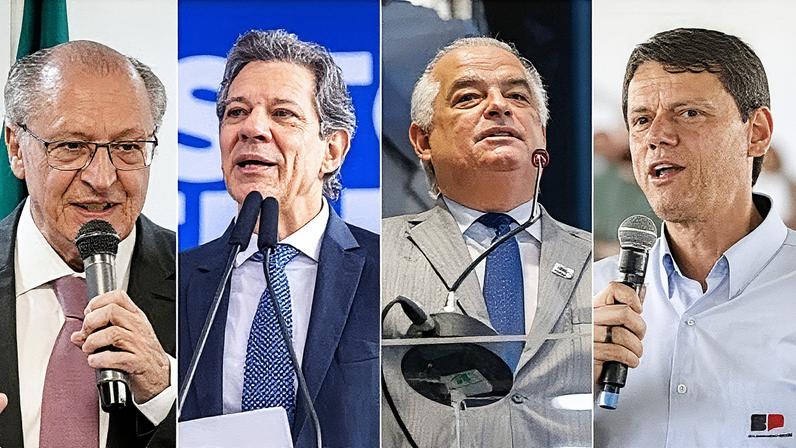 Alckmin, Haddad, França e Tarcísio foram testados pelo RTBD para a disputa pelo governo de SP em 2026. Fotos: Cadu Gomes/VPR; Diogo Zacarias/MF; Eduardo Oliveira / MPOR; e Célio Messias / Governo do Estado SP