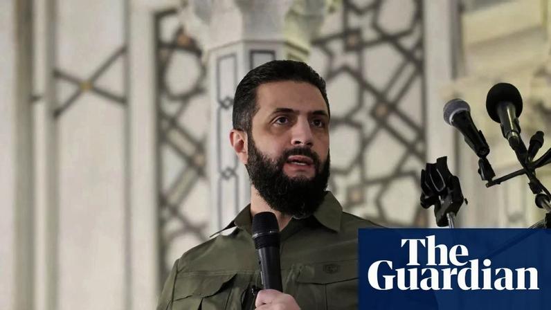 Syria's president, Ahmed al-Sharaa, speaking at the Umayyad mosque in Damascus on the anniversary of the overthrow of Bashar al-Assad.