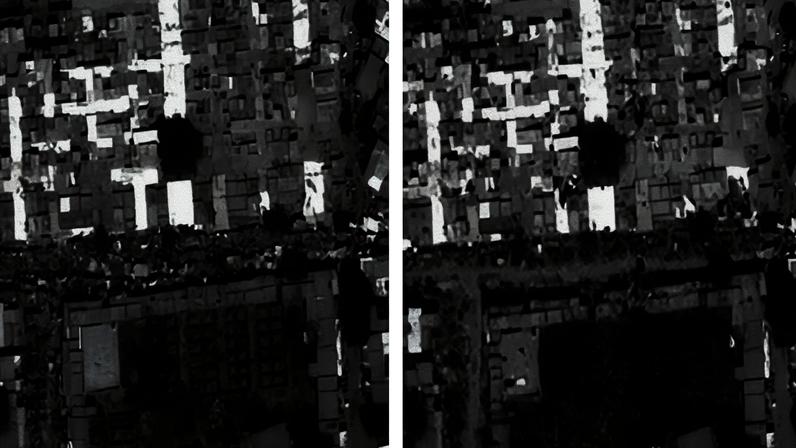 Satellite imagery from November 2023, left, shows people, vehicles and carts around the livestock market in El Fasher, while an image taken on 17 November 2025, right, shows no signs of life.