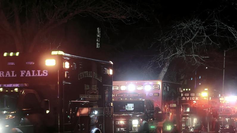 Ambulances line Hope Street at Brown University in Providence, Rhode Island, on Saturday. Photograph: Mark Stockwell/AP