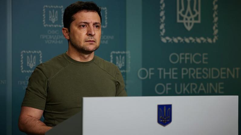 Ukrainian President Volodymyr Zelensky delivers a speech to the nation at the presidential palace.