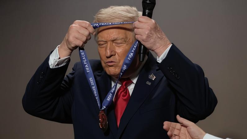 Trump tries his medal for size at the Kennedy Center in Washington last week. Photograph: Jonathan Ernst/Reuters