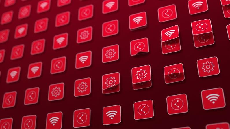 Imagem de Ícones de tecnologia em um planos de fundo veremelho.