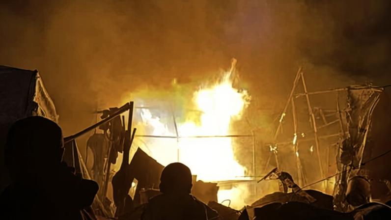 A fire broke out in a tent in Khan Younis following the attack by the Israeli military that killed five. Photograph: Mahmoud Bassam/Anadolu/Getty Images