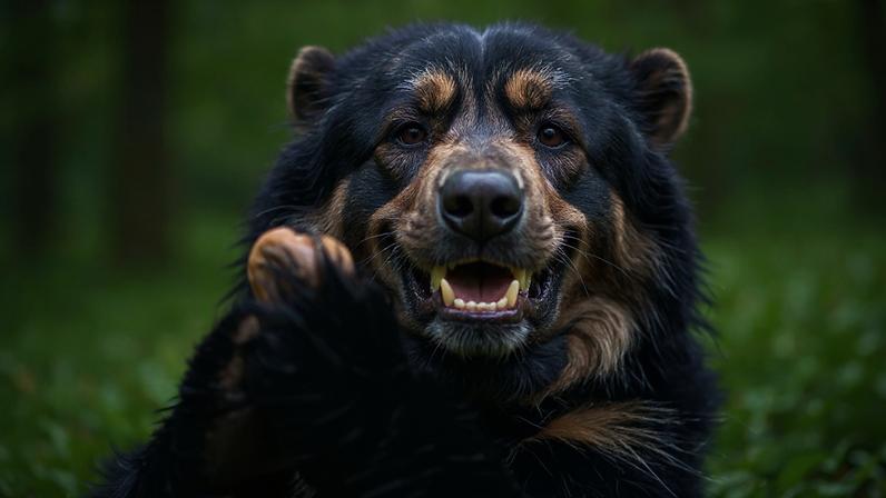Fotografia do Urso-de-óculos (Tremarctos ornatus) em pé, comendo com as patas dianteiras levantadas.