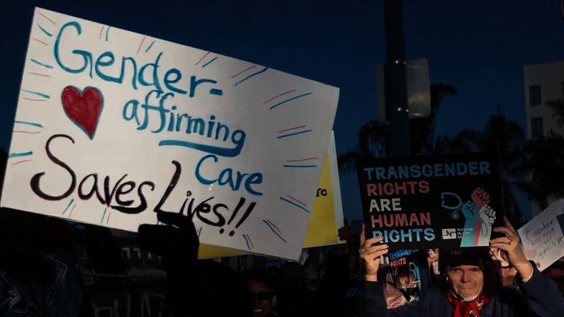 Supporters of gender-affirming care in Emeryville, California, on 8 December 2025.