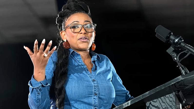 Texas Congresswoman Jasmine Crockett speaks to the crowd before California Governor Gavin Newsom took the stage during a rally with Harris County Democrats at the IBEW local 716 union hall on 8 November 2025, in Houston. Photograph: Karen Warren/AP