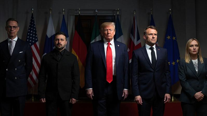 Donald Trump standing with European leaders in August. Photograph: Alexander Drago/Reuters