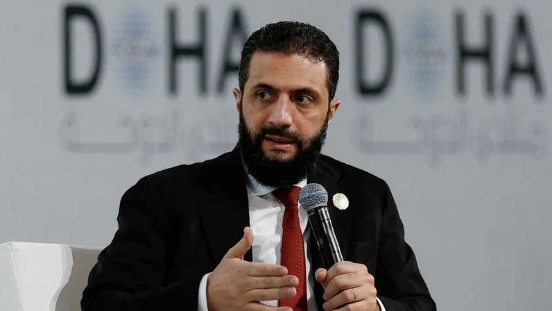 Sharaa told a conference in Doha Syria has insisted on respecting a disengagement agreement with Israel ‘that has held for over 50 years’. Photograph: Ibraheem Abu Mustafa/Reuters