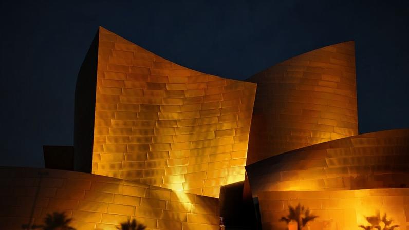 The Walt Disney Concert Hall, designed by Gehry, in early morning light.
